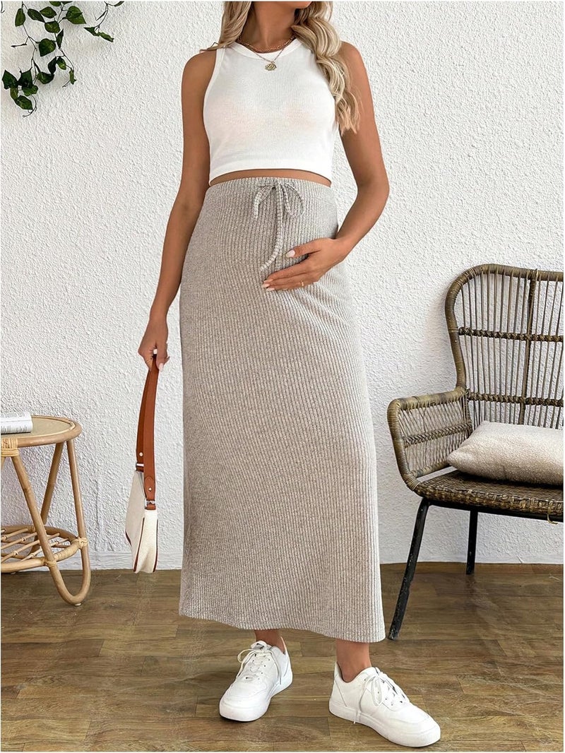 MakeMeChic Women's Maternity 2 Piece Sets Crew Neck Sleeveless Crop Tank Tops and Midi Skirts Maternity Set - Image 2